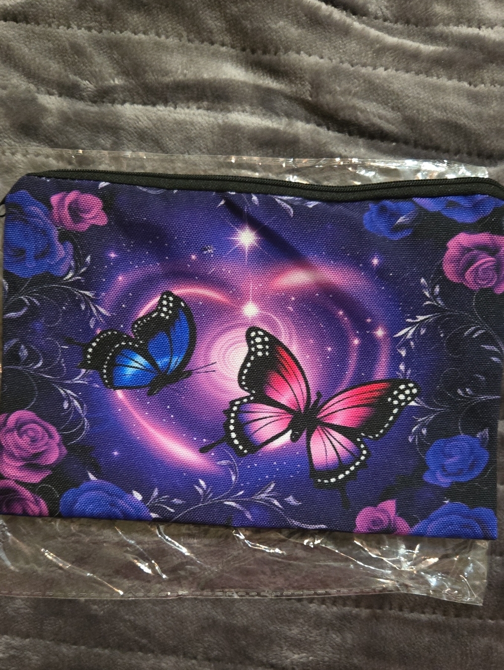 Canvas Zipper Pouch Featuring Butterflies And A Heart On A Purple Background - Picture 2 of 3